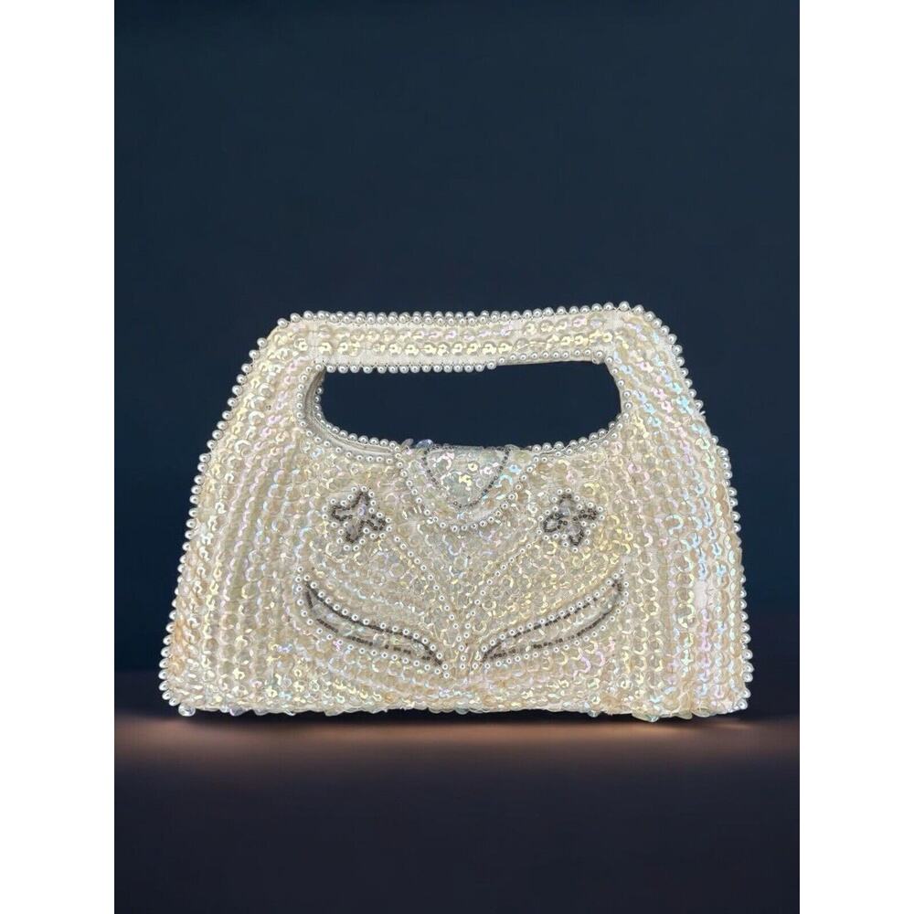 Vintage Debbie Sequined, Beaded And Pearled Small Purse in ivory, flap snap